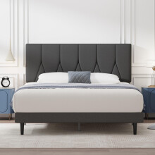 Yocreat Double Bed Frame, Dark Grey, Upholstered Wooden Slat Bed Frame with Headboard, Easy Assembly, Underbed Storage, No Box Spring Needed 135?190