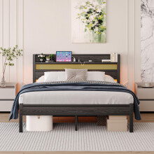 HAHRIR King Bed Frames with Storage Headboard and Charging Station/LED Lights,150x 200cm Heavy Duty Metal Kingsize Bed Frame, Strong Steel Slats