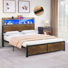 YITAHOME Bed Frame,LED with Headboard,USB Ports & Charging Outlets,Metal Platform Bed Frame with 2 Tiers Storage Shelves, No Box Spring Needed Super