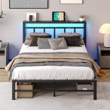 VECOCHO 4ft6 Double Bed Frame with Storage Headboard and Charging Station,Metal Bed Frame Double Bed with LED Lights,Strong Steel Slats