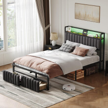Besbed Double Bed Frame with 2 Storage Drawers, Wooden Storage Headboard Shelf with LED-Light & UPS-Port. Metal Bed for Adults and Teenagers, No