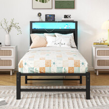 VERFARM 3ft Single Bed Frames with Wooden Storage Headboard Shelf and Charging Station/LED Lights, Heavy Duty Metal Bed Frame Single, No Box Spring