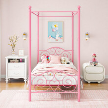 HAHRIR Single Canopy Bed Frame Platform, 90x190cm Single Size Bed Frame with Vintage Headboard and Footboard, Heavy Duty Steel Slats and Support with
