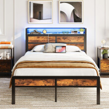 IRONCK Double Bed Frame with Storage Headboard & LED Lights, Platform Bed Frame Double with Charging Station, Metal Bed Frame, UnderBed