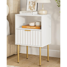 Apetaccat White Wooden Bedside Table with Gold Frame,Nightstand Drawer and Shelf,Modern Bedroom Furniture for Living Room or Bedroom, White,Large