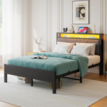 FOUBAM 4FT6 Double Bed Frame with LED Lights and Charging Station, Heavy Duty Metal Platform Upholstered Bed frame with Storage Fabric Headboard,Metal