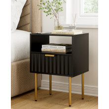 Apetaccat Wooden Bedside Table with Gold Frame,Nightstand Drawer and Shelf,Modern Bedroom Furniture for Living Room or Bedroom, Black,Medium