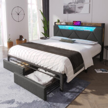 Merax 4FT6 Upholstered Bed Frame with Hidden Storage Headboard and Drawers, Stylish Double Bed with LED Lighting and USB Type-C Charging Function,