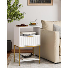 HEYZOEY Bedside Table, Tall White Side Table with Gold Frame, 3-Tier Storage Nightstand for Bedroom & Living Room (Modern-wave)