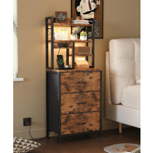 MUTUN Bedside Table with Charging Station and LED Lights, Tall Nightstand with 2 Outlets and 2 USB Ports, Sofa Table with 3 Fabric Drawers and
