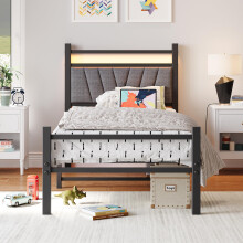 FOUBAM 3FT Single Bed Frame, Metal Platform Upholstered Bed frame with Headboard and USB Charging Station,Heavy Duty Bed Single Size with LED Lights,