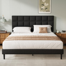 Yocreat King Bed Frame, Easy Assembly, Sturdy Wooden Slat Support, Upholstered Platform with Headboard, No Box Spring Needed, Black King Bed 150?200