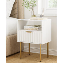 Apetaccat White Wooden Bedside Table with Gold Frame,Nightstand Drawer and Shelf,Modern Bedroom Furniture for Living Room or Bedroom, White,Medium