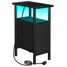 AMHANCIBLE Slim Bedside Table with Charging Station, Narrow Side Table with LED Lights, Small End Table with 2 Fabric Drawers, Nightstand for Small