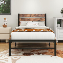 HOMERECOMMEND Single Bed Frame with Rustic Wood Headboard Heavy Duty Metal Platform Bed Frame Solid and Stable Strong Metal Slats Support Easy