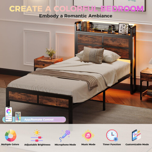 IRONCK Single Bed Frame with Storage Headboard & LED Lights, Platform Bed Frame Single with Charging Station, Metal Bed Frame, UnderBed 2