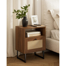 HEYZOEY Rattan Bedside Table,Modern Boho Farmhouse Wood Nightstand with Storage Drawer and Open Shelf,Small Gold Frame Side Table for Bedroom,Living