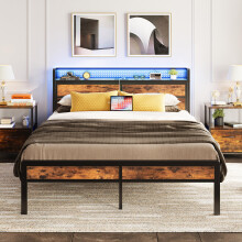 IRONCK King Size Bed Frame with Storage Headboard & LED Lights, Platform Bed Frame King Size with Charging Station, Metal Bed Frame, UnderBed