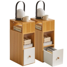 IBUYKE Slim Bedside Table Set of 2, Small Narrow Nightstand with 2 Open Compartments and 1 Drawer, Space Saving, Wood Side End Tables for Bedroom
