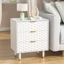 Skokliz bedside table with 3 Drawers, white Morden Night Stand for Bedroom, Embossed Relief Design End Table for Living Room, Small Spaces