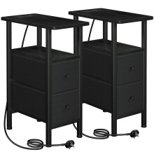 LOAKEKEL Slim Bedside Table Set of 2 with Charging Station, Narrow Side Table with 2 Fabric Drawers, Sofa Table with Open Storage Shelf, Nightstand