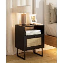 HEYZOEY Boho Bedside Table, Small Rattan Night Stand, Wood Nightstand with Drawer and Black Oak Shelf, Side Table, End Table for Bedroom,Living