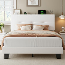Feonase Double Bed Frame with Charging Station, Velvet Upholstered Platform Bed Frame Double Beds with Storage Headboard, Wooden Slat Support, Noise