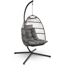SereneLife Foldable Egg Chair with Stand, Hanging Rattan Wicker Swing for Indoor Outdoor Use, 159kg Capacity, Breathable Cushion & Headrest, Patio