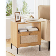 Apetaccat Rattan Bedside Table, Wooden Bedside Table, Oak Boho Bedside Cabinet with Drawer and Open Shelf, 47 x 39 x 54 cm, for Bedroom, Living Room