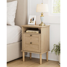 HEYZOEY Wooden Bedside Cabinet with Door & Open Top Shelf ? Side Table for Bedroom & Living Room,Fits Small Space(Natural Wood,15.35?x 11.42?x23.5?)