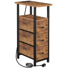 LOAKEKEL Slim Bedside Table with Charging Station, Narrow Side Table with 3 Fabric Drawers, Small End Table with Open Storage Shelf, Nightstand for