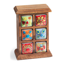6 Ceramic Drawers in Mango Wood Chest/Spice Drawers