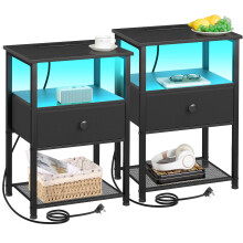 AMHANCIBLE Bedside Table Set of 2 with Charging Station, Small Side Table with LED Lights, Nightstand with Fabric Drawer and Open Storage Shelf,