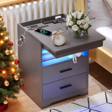 FREDEES Bedside Table with Hidden Drawer, Bedside Cabinet with Charging Station, LED Nightstand with 3 Color Lights, Human Sensor Design End Side