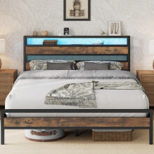 IRONCK 5ft King Size Bed Frame with Storage Headboard and Charging Station/LED Lights, Metal Platform Bed Frame King Size, Reinforced Strong Support