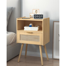 JERX Rattan Nightstand,Farmhouse Bedside Table with Storage Drawer and Open Wood Shelf, for Living Room, Bedroom and Small Spaces, Accent Night Stand