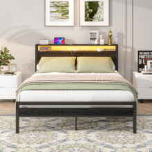 BORPHOM King Size Bed Frame with Storage Wood Headboard Shelf,LED Lights,5ft Metal Platform Bed Frame Kingsize Bed Base with Charging Station,Mattress