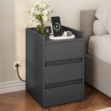 YITAHOME Bedside Table with 3 Drawers and Power Station, Modern Nightstand End Table, Water-Resistant Storage Side Table for Living Room and Bedroom,