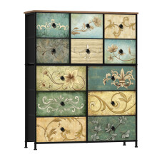 VEDECASA Fabric Chest of Drawers, Vintage 12 Drawer Tall Dresser with Floral Print, Rustic Boho Style Dresser Storage Cabinet for Bedroom, Hallway,