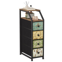 VEDECASA Fabric Chest of Drawers with 4 Drawers Tall Narrow Chest of Drawers Slim Storage Cabinet with Top Shelf Vintage Floral Motif for Hallway