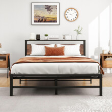 VERFARM 5ft King Metal Platform Bed Frame with Wooden Storage Shelf Headboard, 150x200 cm Bed Frame No Box Spring Needed, Sturdy Steel Slat Support,