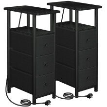 LOAKEKEL Slim Bedside Table Set of 2 with Charging Station, Narrow Side Table with 3 Fabric Drawers, Sofa Table with Open Storage Shelf, Nightstand