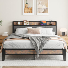 IRONCK King Size Bed Frame with Storage Shelf Upholstered Headboard, Platform Bed Frame with Charging Station, Metal Bed Frame/UnderBed Storage,