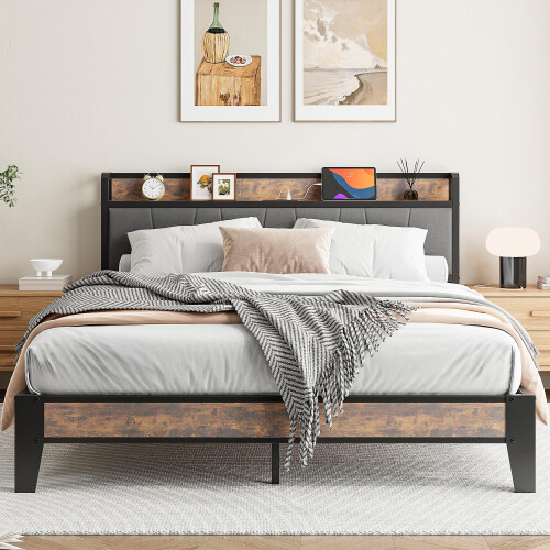 IRONCK King Size Bed Frame with Storage Shelf Upholstered Headboard, Platform Bed Frame with Charging Station, Metal Bed Frame/UnderBed Storage,