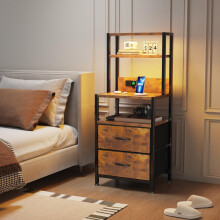 MUTUN Bedside Table with Charging Station and LED Light Strips, Nightstand with Drawers, Bedside Cabinet for Living Room, Bed Side Table for Bedroom,