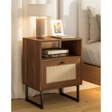 HEYZOEY Rattan Bedside Table,Modern Boho Farmhouse Wood Nightstand with Storage Drawer and Open Shelf,Gold Frame Side Table for Bedroom,Living