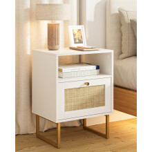 HEYZOEY Boho Bedside Table, Large Rattan Night Stand, Wood Nightstand with Drawer and White Oak Shelf, Side Table, End Table for Bedroom,Living