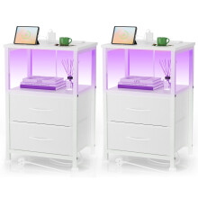 Yornoli Set of 2 Bedside Table with Charging Station 40cm Wide Bed Side Table for Bedroom with Fabric Drawers Small End Tables with Led Lights for