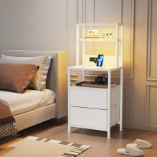 MUTUN Bedside Table with Charging Station and LED Light Strips, Nightstand with Drawers, Bedside Cabinet for Living Room, Bed Side Table for Bedroom,