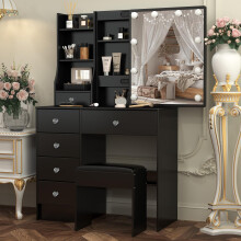 Saimeihome Dressing Table with Sliding Mirror & Stool, Vanity Desk with 6 Drawers 6 Shelves, 3-Color Adjustable Lighting, Black Makeup Vanity for